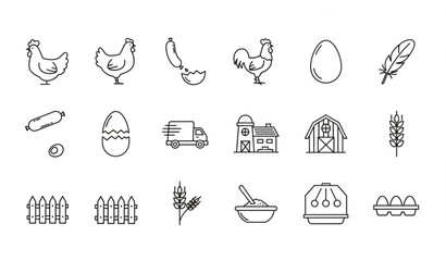 Poultry farm line icons set with chicken egg sausage truck and forage editable vector collection © MSTNASIMABEGUM