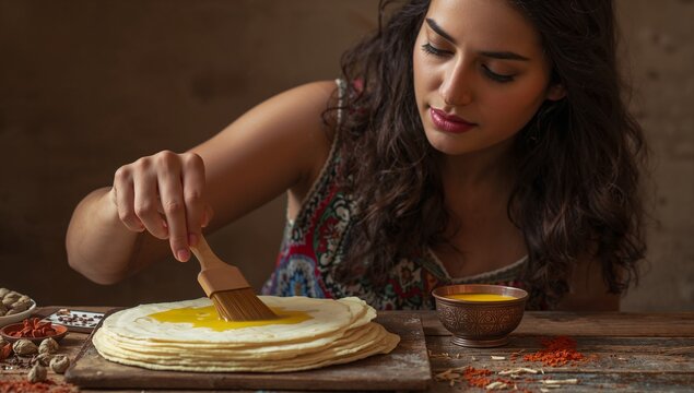 Brushing Indian cook in sleeveless top coating rotis on wooden table with ghee using pastry brush