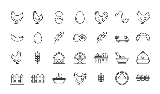 Poultry farm line icons set with chicken egg sausage truck and forage editable vector collection