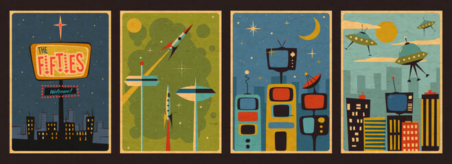 1950s Illustrations Vector Template Set. Mid Century Modern Style Posters. 50s Vector Templates for Retro Party, Event Poster, Atomic Age Style, Space Age Designs, Abstract Shapes, 1950s Colors, Aged  © koyash07