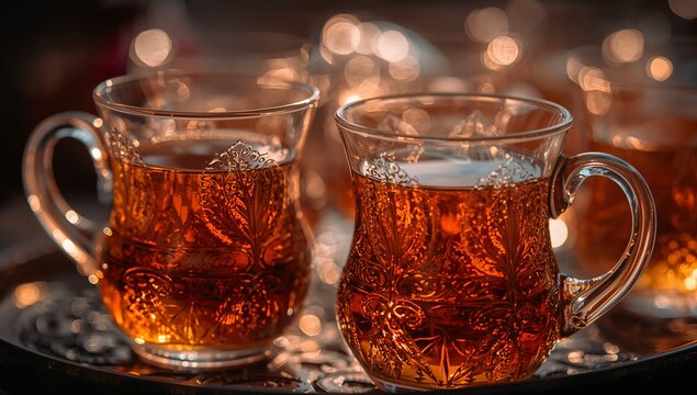 Glowing two etched glass cups sitting on patterned metal tray on tabletop, with amber tea, bokeh