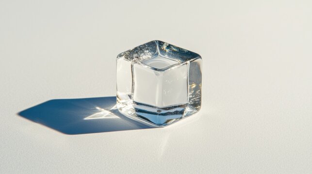 A clear glass cube sits on a white surface, casting a shadow on the surface.
