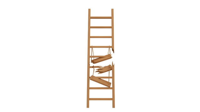 Wooden ladder with broken steps on transparent background
