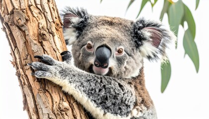 Obraz premium Koala clinging to a tree trunk in natural habitat.