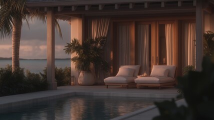 Fototapeta premium Golden hour bathes a tranquil poolside retreat