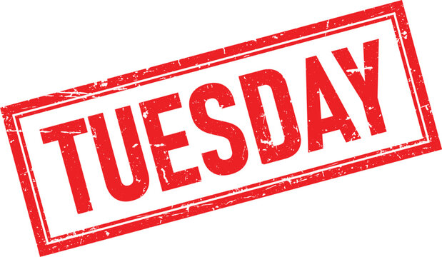 Red Distressed Rubber Stamp Impression of Tuesday Text in Rectangular Frame