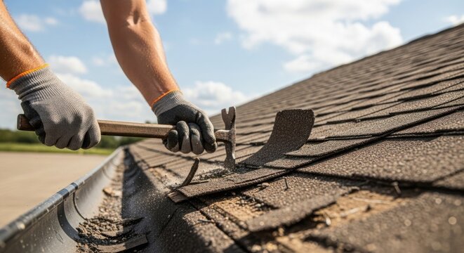 Roof repair work in progress with worker using pry bar to remove shingles from damaged surface. Roof repair includes careful removal of shingles for maintenance and restoration.