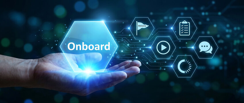 Hand holding digital onboarding hexagon interface with business icons for employee training and new hire integration