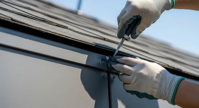 Roofing repair with worker tightening screws on metal sheets under clear blue sky. Roofing process includes careful fastening of panels for durability and security.