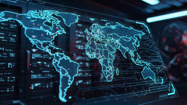Global war effect displayed on a digital world map screen with data and statistics in a futuristic control room environment.