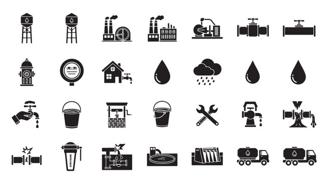 Comprehensive icons depicting various aspects of water infrastructure and management