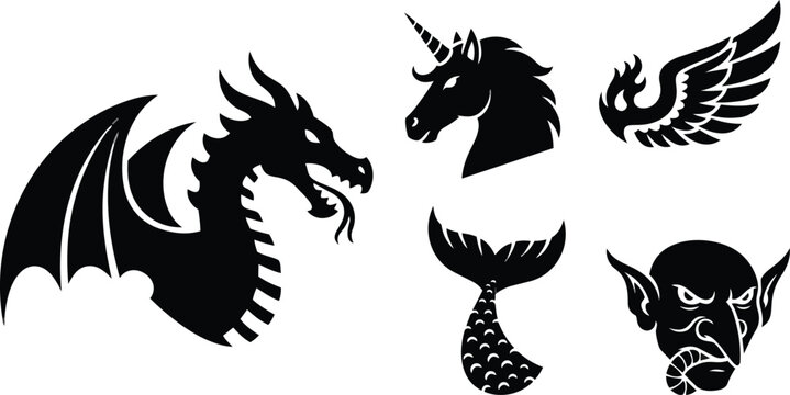 Bold black fantasy creature silhouettes for coloring book dragon unicorn mermaid tail winged flame goblin head detailed line art coloring page simple outlines contrast scalable vector