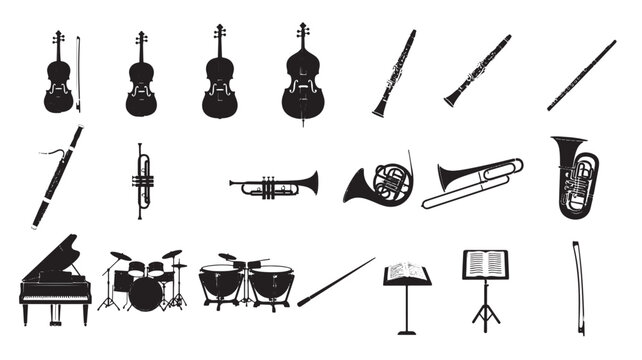 Diverse collection of musical instruments and performance accessories in black and white
