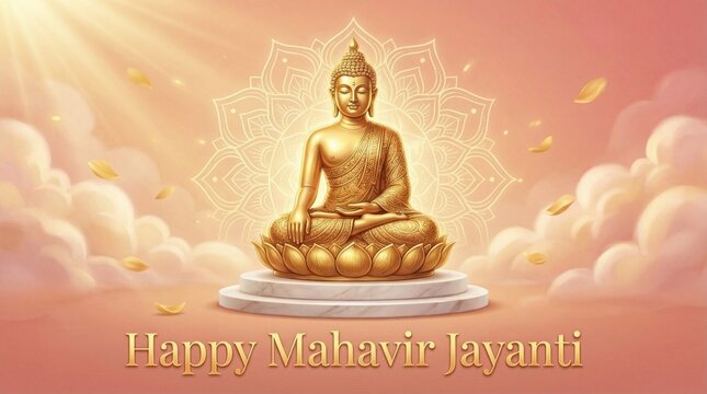 A serene statue of buddha sitting in meditation on a lotus flower, bathed in warm golden sunlight with bokeh effects, celebrating mahavir jayanti