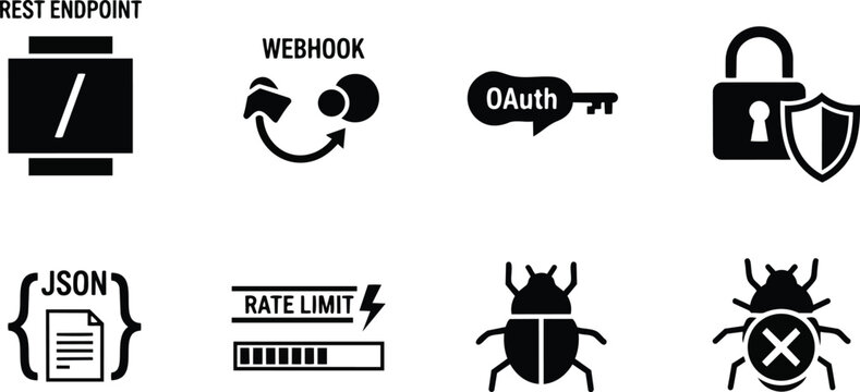Vector icon set close up api security and developer api symbols rest endpoint web hook oauth padlock json rate limit bug minimalist icons for coloring book