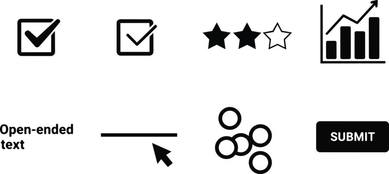 Flat design survey icons close up checkboxes stars bar chart cursor and submit button for coloring book simple outline worksheet minimal bold stroke isolated black vector