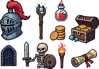 Collection of fantasy game icons including a knight's helmet, sword, shield, skeleton, chest, potions, scrolls, and magic staff © Chico Store