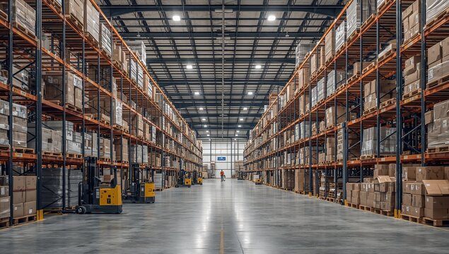 Walking warehouse worker wearing orange vest, white hard hat, moving down aisle with pallet racks