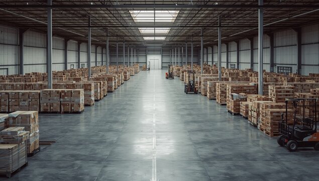 Leading central aisle drawing eye through warehouse, showing pallets, forklifts, centerline
