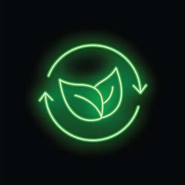 Green neon sign showing two leaves rotating inside a circular arrow evokes environmental awareness