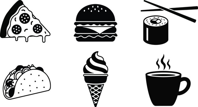 Minimalist vector art close up six food icons pizza burger sushi taco ice cream coffee arranged for coloring book black and white line art simple outlines