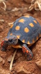 Fototapeta premium Vibrant blue and orange shell of a Red-footed tortoise resting on rich brown earth, showcasing intricate reptilian patterns and textures