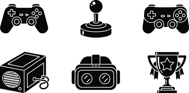 Coloring book vector art set of six gaming icons including gamepad joystick vr headset console plug and winner trophy in bold outline closeup frontal simple style