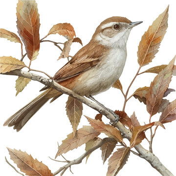 Nightingale, vector watercolor clipart with soft pastel strokes, isolated on a white background.