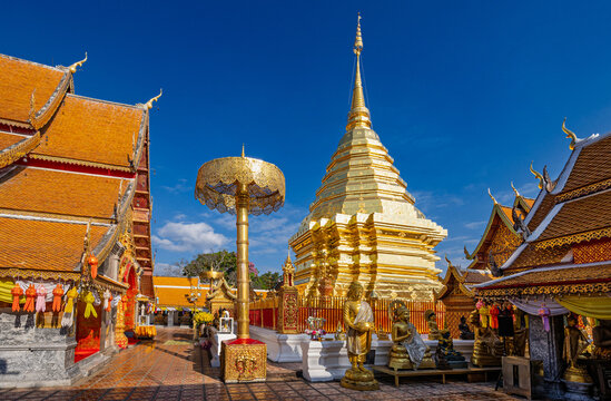 Chiang Mai, Thailand &ndash; Golden chedi stupa and umbrella in Wat Phra That Doi Suthep temple, the most famous temple near Chiang Mai.