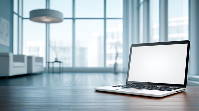 laptop placed on right side with large empty space left, clean corporate layout