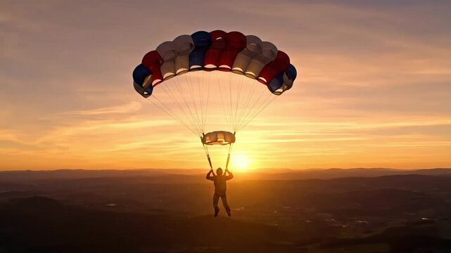 silhouette of tandem skydivers under parachute at sunset