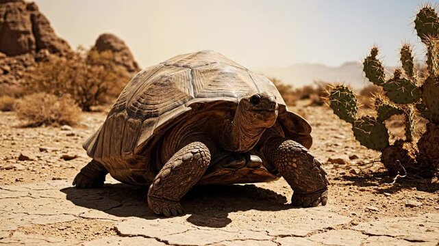Giant Tortoise Walks Through Arid Desert Under Bright Sun