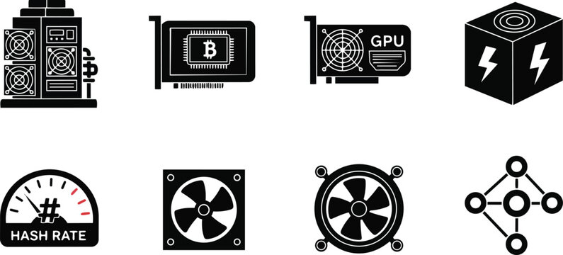Vector art mining rig icons for coloring book detailed gpu cards cooling fans hash rate bitcoin cube network nodes simple bold outlines monochrome stroke editable scalable