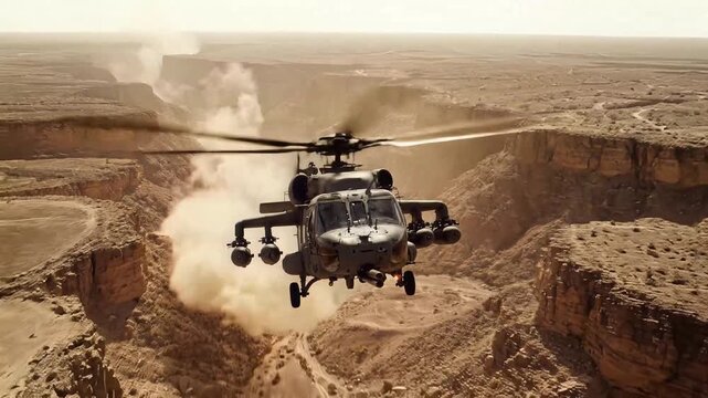 A military helicopter flies low through a war-torn desert canyon with smoke rising from explosions in the background landscape.