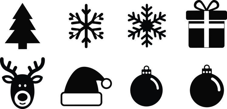 Vector line art close up christmas icons tree snowflakes gift reindeer santa hat baubles simple outlines for coloring book black and white holiday ornaments set playful