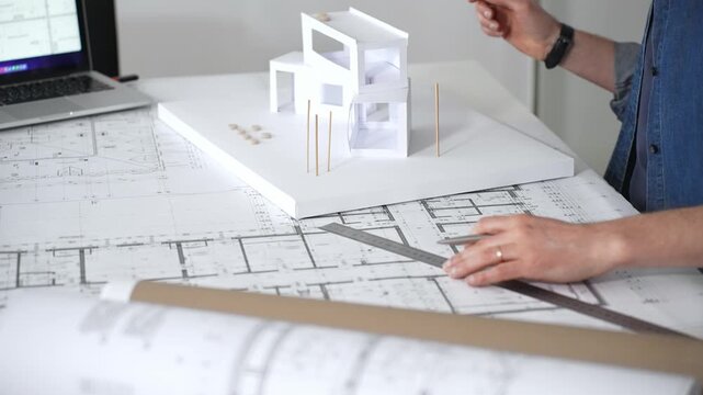 Architect sketching building plans on paper using a ruler and pen while working digitally on a laptop with a blueprint software displaying a floor plan