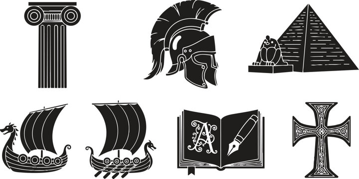 Black and white vector line art historical ancient outline set symbols column roman helmet sphinx pyramid viking ships open book quill ornate cross coloring book pages