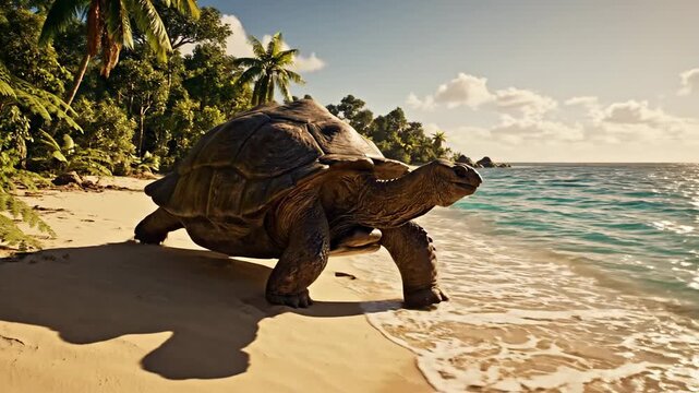 Giant Tortoise Walks Along a Tropical Beach Shore