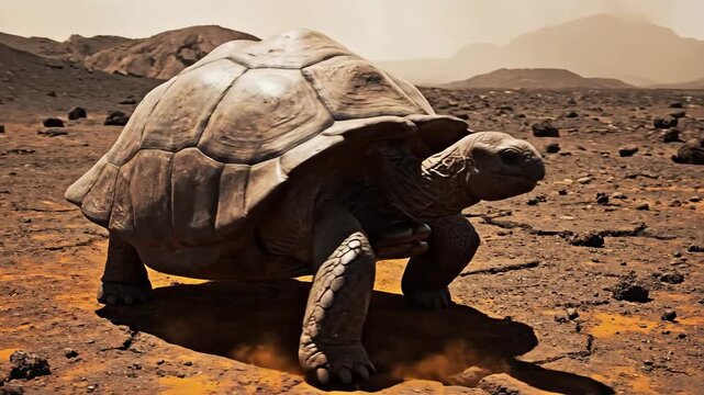 Giant tortoise walks across arid volcanic plains