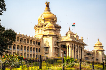 Fototapeta premium The Vidhana Soudha in Bangalore, tourist attraction of India. The seat of the state legislature of Karnataka
