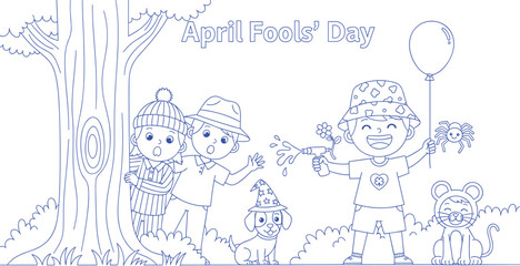 Obraz premium April fools day cartoon illustration with happy children playing pranks and having fun outdoors in nature