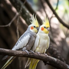 Fototapeta premium Two cockatiels perched on a tree branch