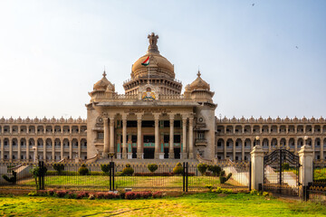 Obraz premium The Vidhana Soudha in Bangalore, tourist attraction of India. The seat of the state legislature of Karnataka