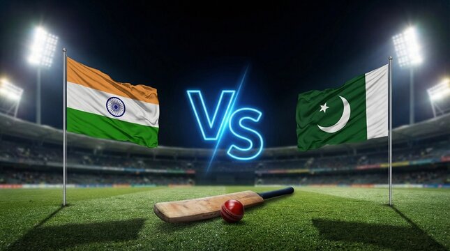 Iconic India versus Pakistan cricket match promotion featuring flags and equipment under stadium lights