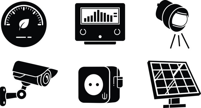 Flat icon set close up energy devices including solar panel power meter surveillance camera plug socket spotlight smart meter for coloring book simple bold line art