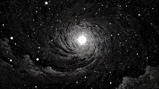 Spiral starfield linocut texture black and white night sky galaxy spiral star celestial swirl