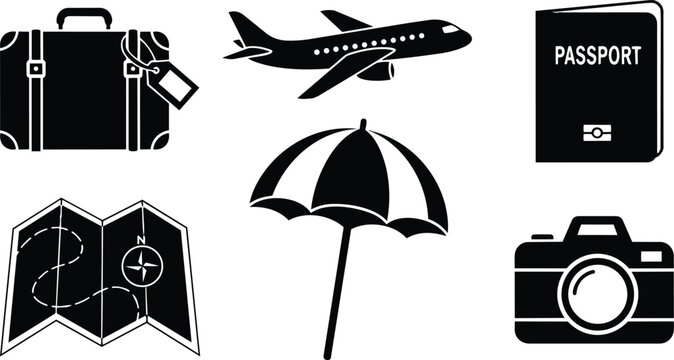 Outline vector beach travel icons for coloring book detailed passport suitcase plane camera umbrella map luggage top view close up line art simple bold strokes contours