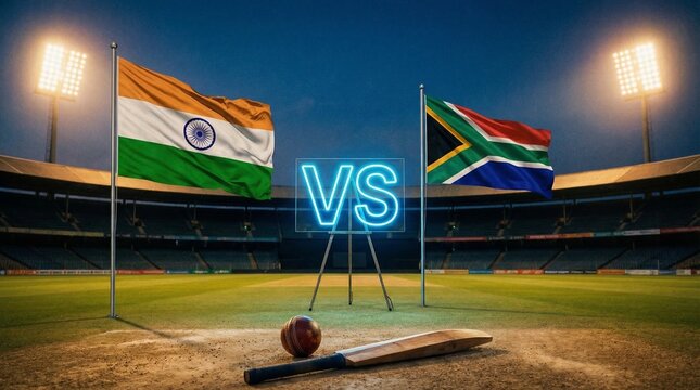 Vibrant flags of India and South Africa stand tall over an empty cricket stadium anticipating an intense global sporting competition