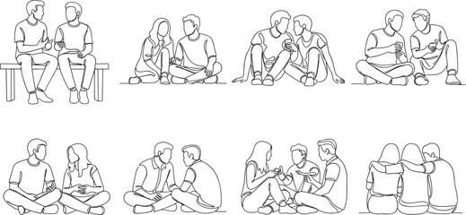 Obraz premium Couples and Friends Line Art Set with Sitting and Talking Sharing Moments Holding Hands and Spending Time Together Illustration