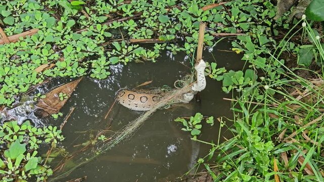 Close-up footage of an Indian Russell's viper trapped in a fishing net within a wetland habitat. The video highlights the impact of discarded fishing gear on wildlife